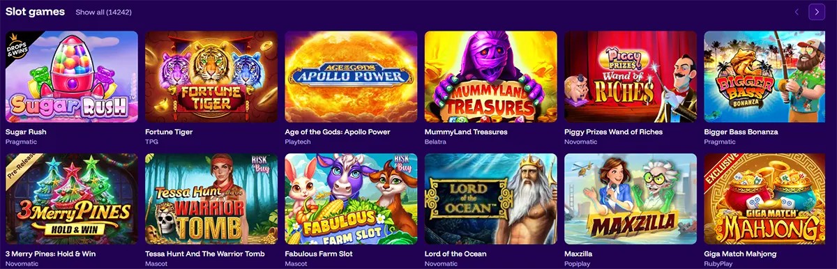 Selection of online slot games including Sugar Rush, Fortune Tiger, Apollo Power, MummyLand Treasures, Piggy Prizes, Bigger Bass Bonanza, 3 Merry Pines, Tessa Hunt, Fabulous Farm, Lord of the Ocean, Maxzilla, and Giga Match Mahjong.