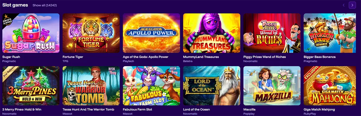 Selection of online slot games including Sugar Rush, Fortune Tiger, Apollo Power, MummyLand Treasures, Piggy Prizes, Bigger Bass Bonanza, 3 Merry Pines, Tessa Hunt, Fabulous Farm, Lord of the Ocean, Maxzilla, and Giga Match Mahjong.