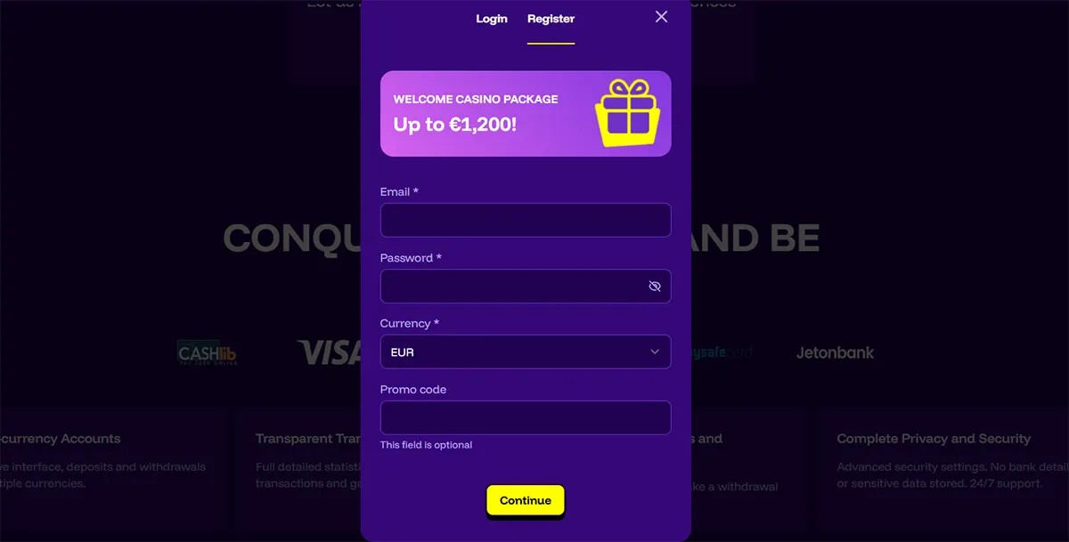 Online casino registration popup showing fields for email, password, currency selection, and promo code, with a highlighted welcome bonus offer up to €1,200.