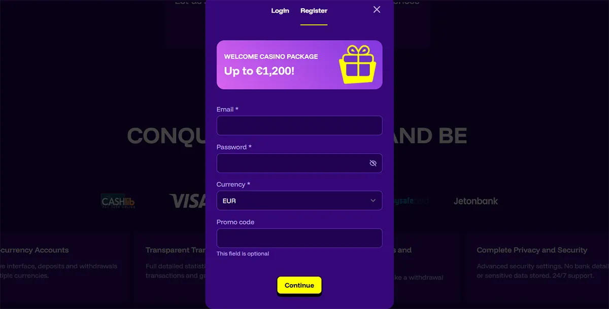 Online casino registration popup showing fields for email, password, currency selection, and promo code, with a highlighted welcome bonus offer up to €1,200.