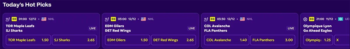 Sports betting panel showing today