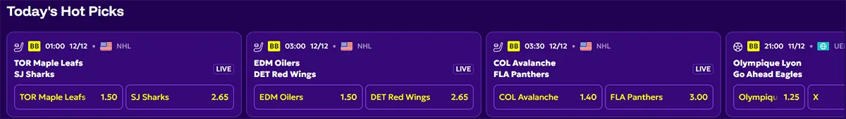 Sports betting panel showing today's hot picks with live NHL matches and betting odds for Maple Leafs vs Sharks, Oilers vs Red Wings, and Avalanche vs Panthers.